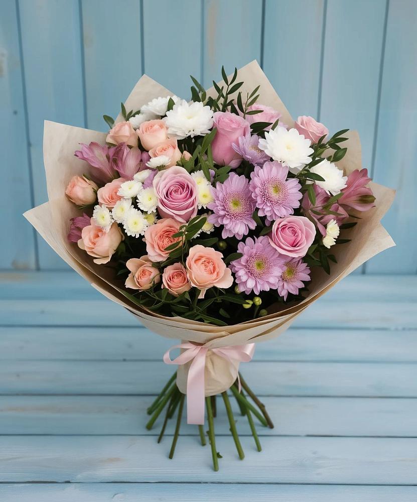 Букет цветов из: Хризантемы, Розы и Альстромерии в Короче